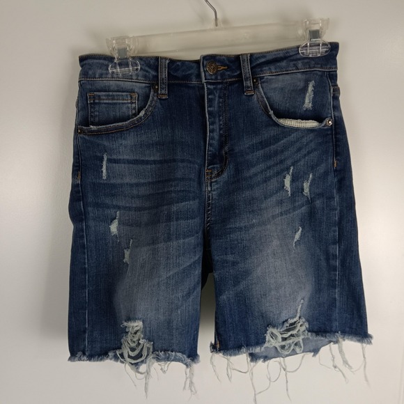 RISEN Denim Shorts Womens Medium Blue Distressed Bermuda Frayed Hem RDS1052 - Picture 1 of 16